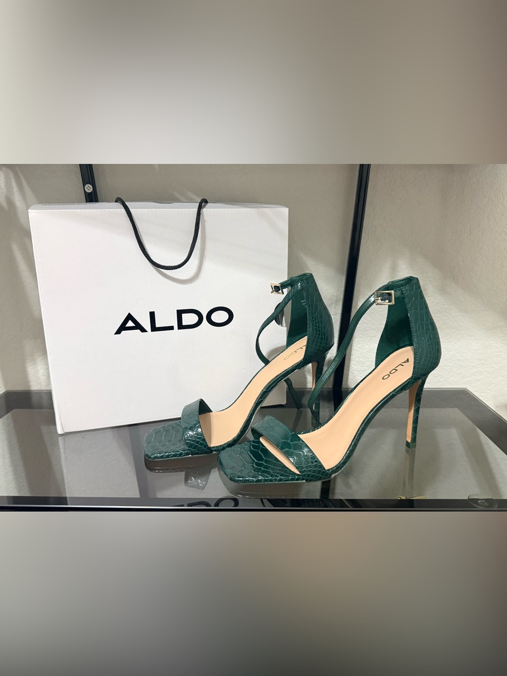 ALDO Green Croc-Embossed Ankle-Strap Heels